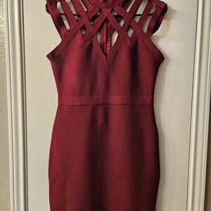 Burgundy Bandage Dress – Above‑Knee Length with Criss‑Cross Shoulder Detail
